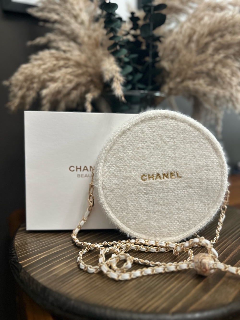 CHANEL Cream Round Tweed Chain Mini Bag